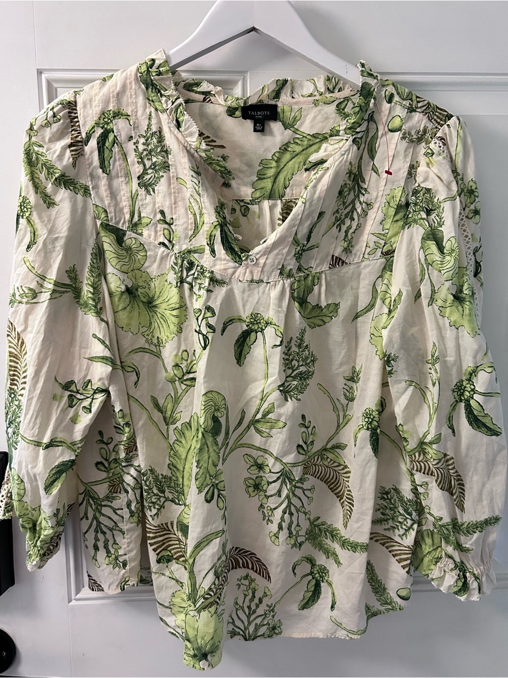 Talbots Cream Botanical Print Peasant Blouse with Green Leaves